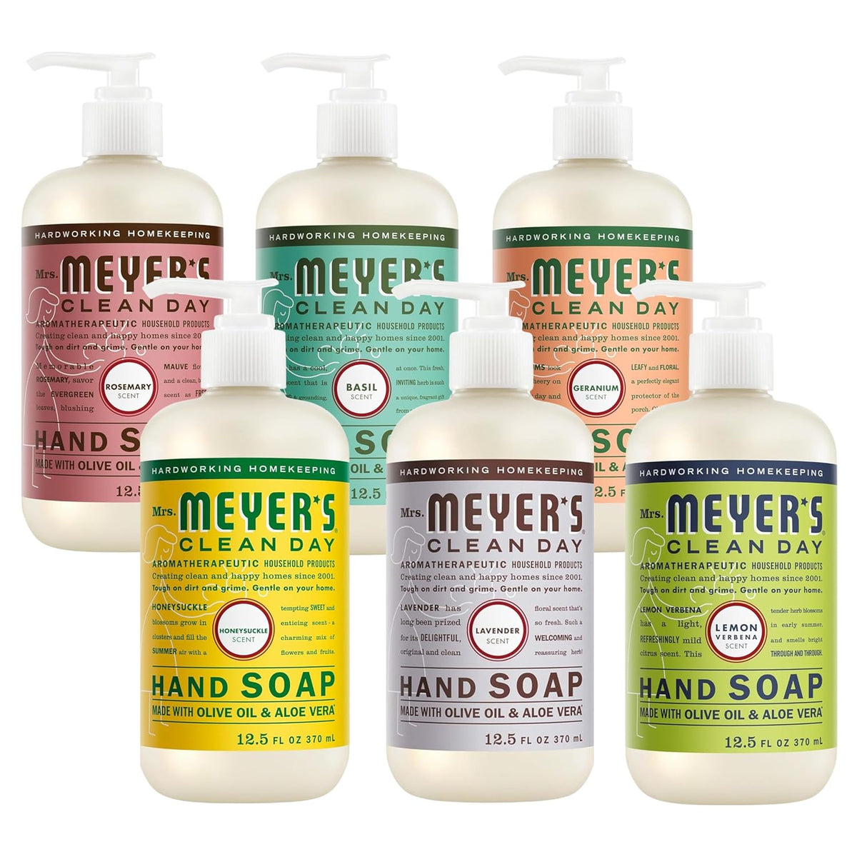 CLEAN DAY Hand Soap Scent Variety Pack Includes 1 of Each, Rosemary + Basil + Geranium + Honeysuckle + Lavender + Lemon Verbena, (Count of 6)